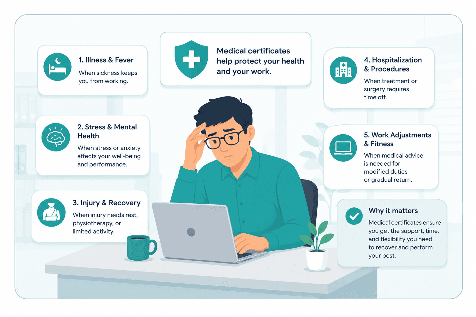 IT employee surrounded by common reasons for medical certificate requests
