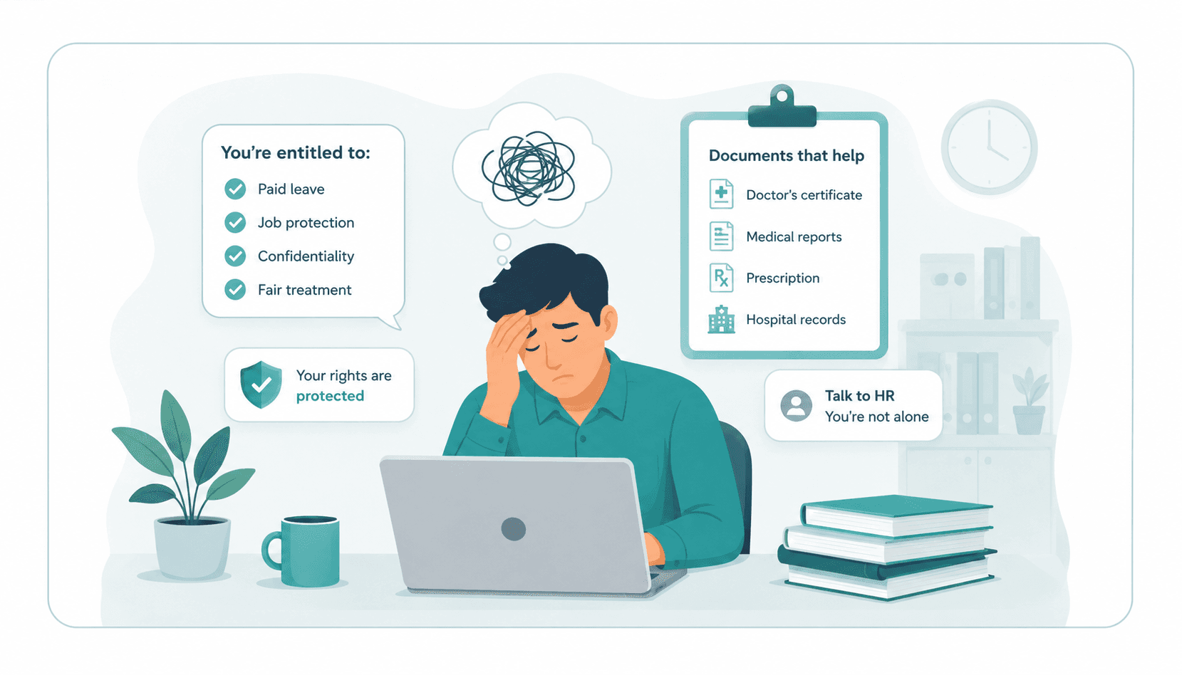 Employee reviewing stress leave rights and supporting medical documents